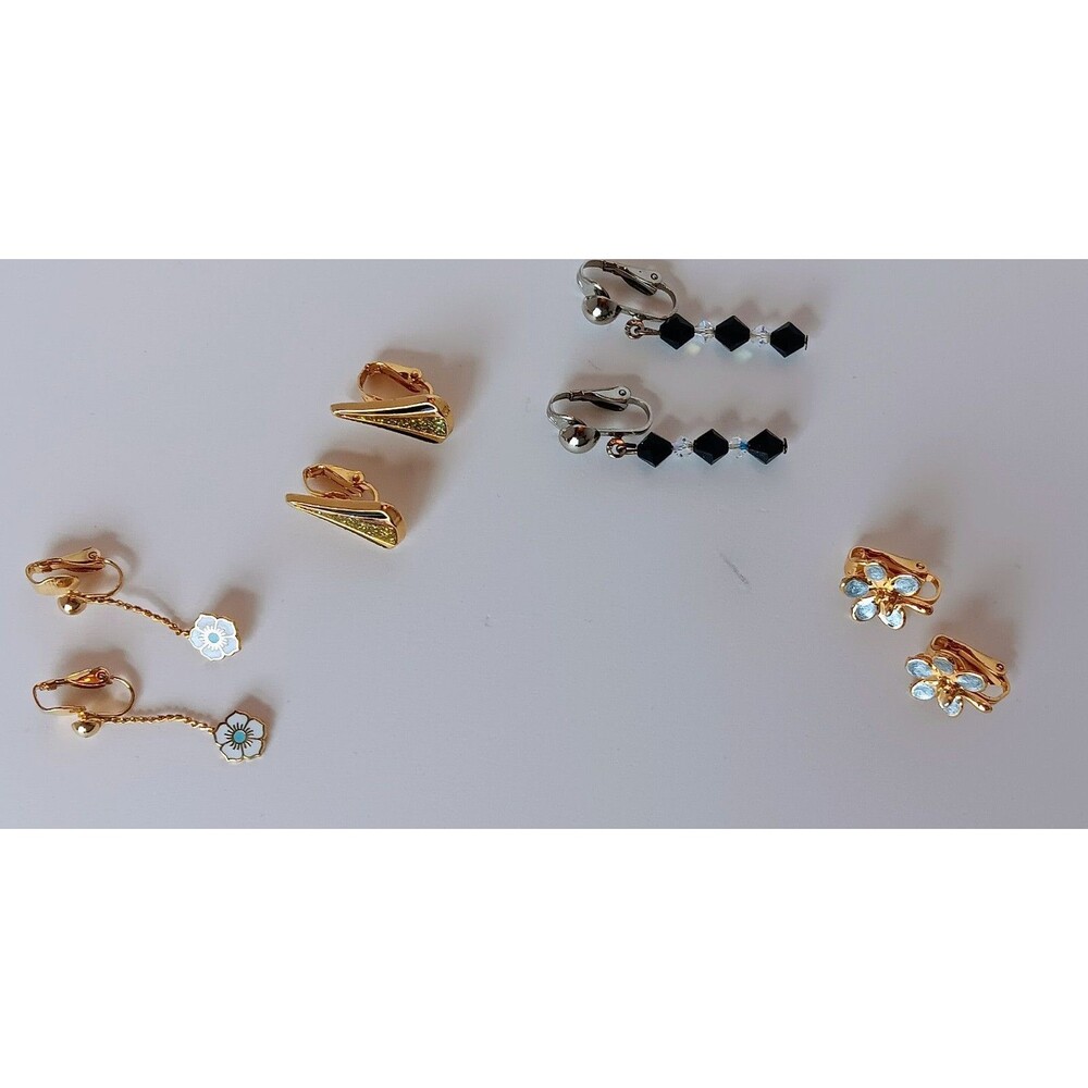 Modern Lot Of 4 Clip On Earrings Mixed Styles Floral Fan and Bicone Bead Dangles - Picture 3 of 5